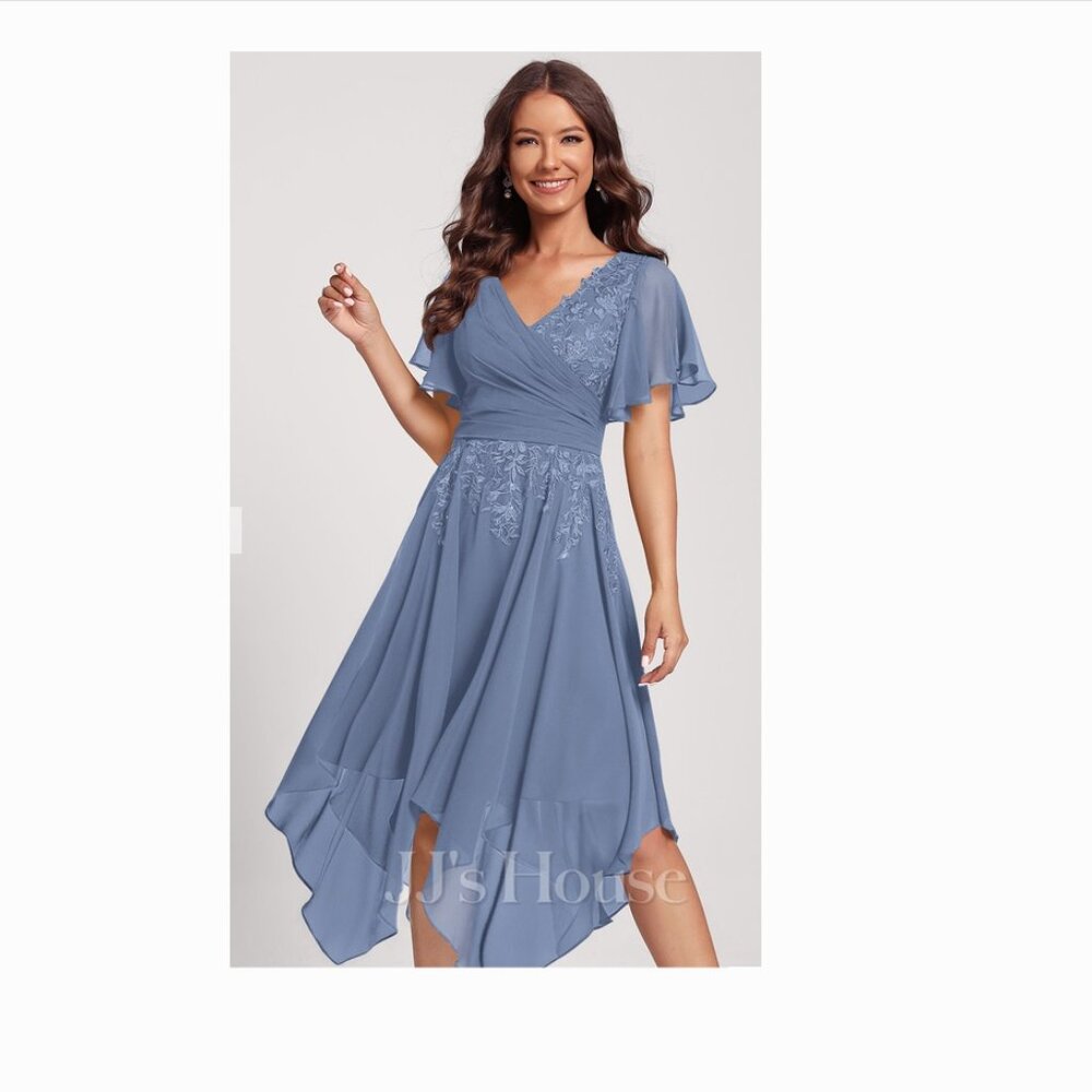 JJs House A-Line V-Neck Asymmetrical Blue Dress with Lace Includes Matching Wrap